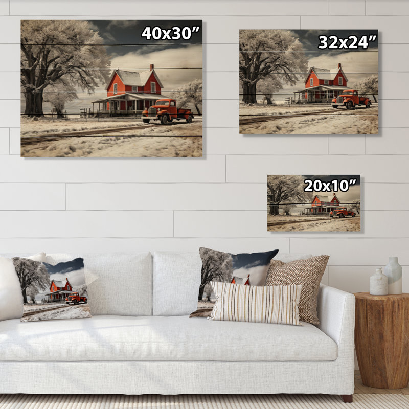 Red Turck On Farmhouse Country Winter sur impression sur bois, H 24 po x l 32 po x P 0,78 po