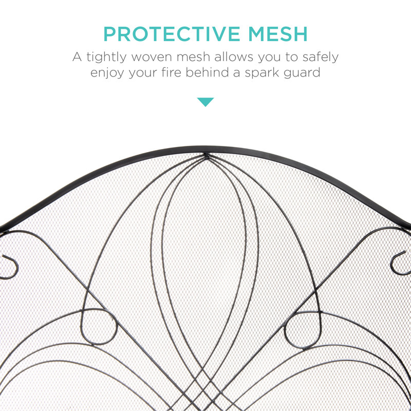 Black Wrought Iron 3-Panel Mesh Fireplace Screen with Decorative Scrolls