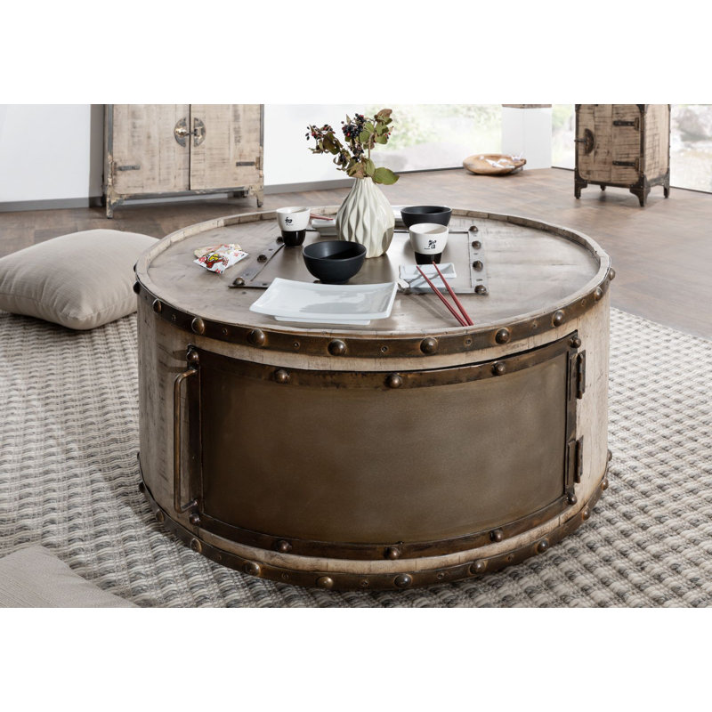Tokyo Solid Wood Drum Coffee Table with Storage, Brown