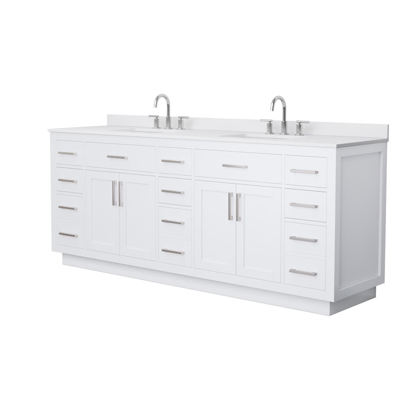 Meuble-lavabo double 84 po Beckett, Blanc, Brushed Nickel, Marbre de culture blanc