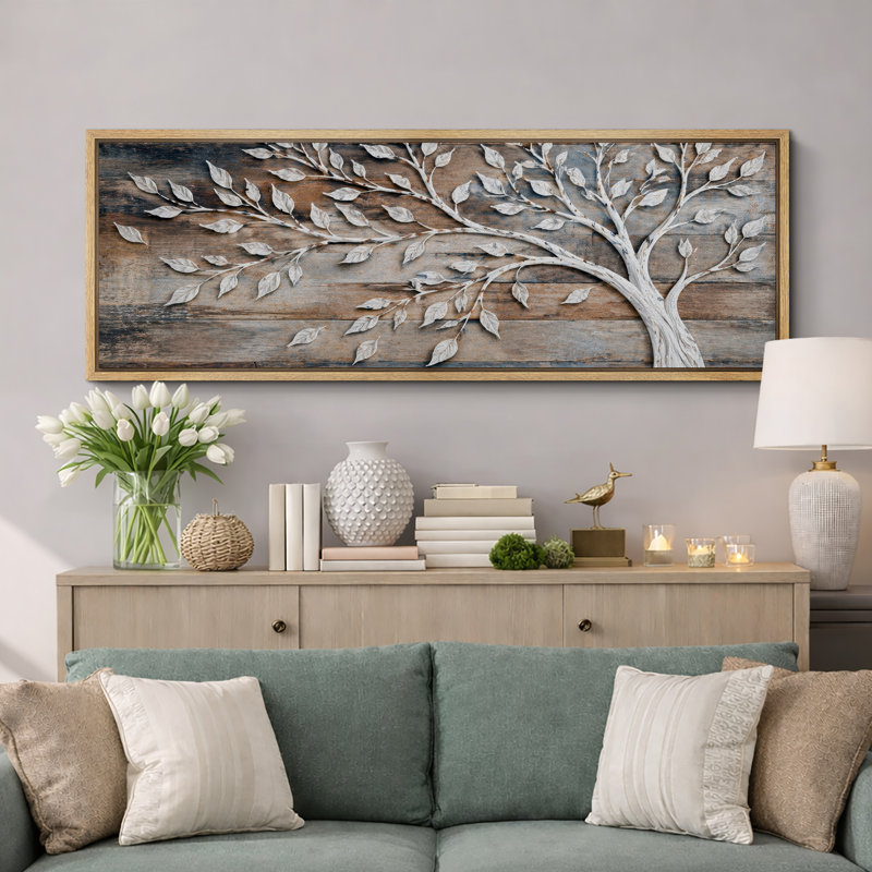 "Rustic White Tree Branch", photos de salon, impression sur toile encadrée, 3 pièces, 20" H x 60" W x 1.5" D, Cadre naturel