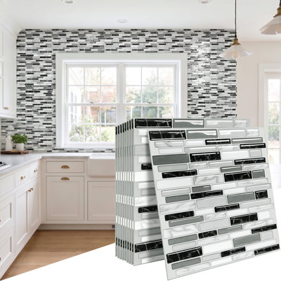 11.8" × 11.8" Black Marquina Monochrome Glossy Oblong Peel and Stick Backsplash Tile, Waterproof Self-Adhesive PVC Wall Tile for Kitchen & Bathroom, 2 mm Thick, Covers 9.7 sq. ft.