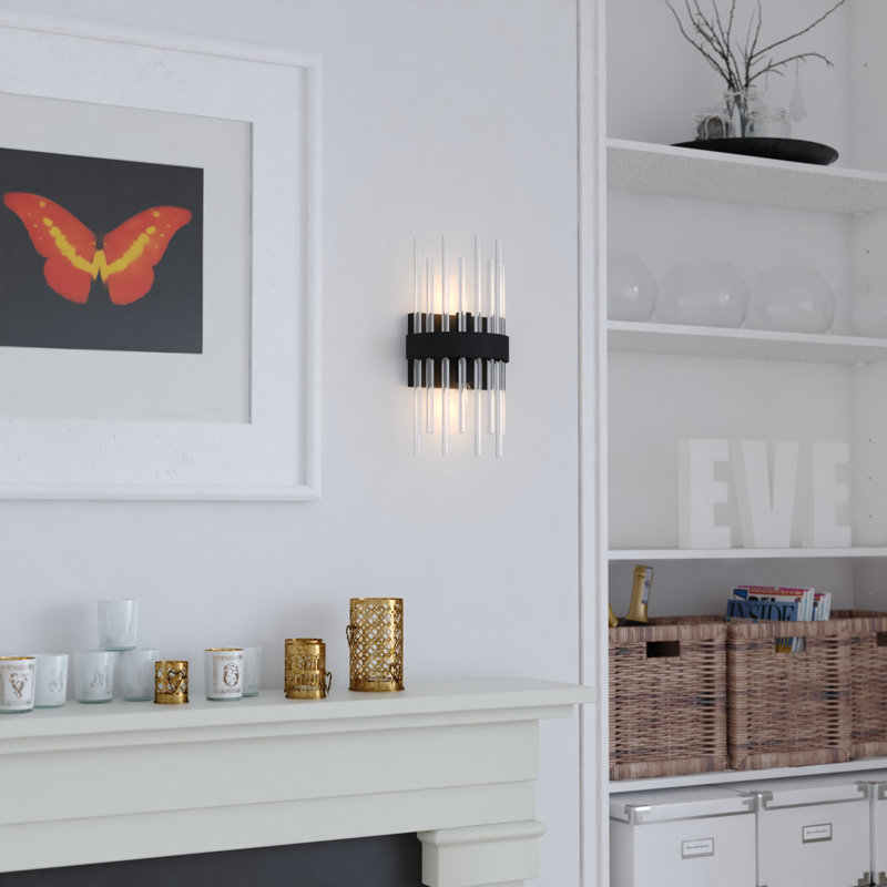 Delevan 2-Light 7.25 In. Wide Matte Black Modern Contemporary Wall Mounted Sconce With Clear Glass Rod Shade, Dimmable, LED Compatible, Metal Bathroom Vanity Lighting Fixture