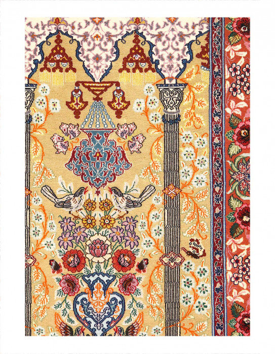 Tapis unique en laine et soie 2 pi 4 po x 3 pi 6 po Holahan Beige, bleu, rouille, or