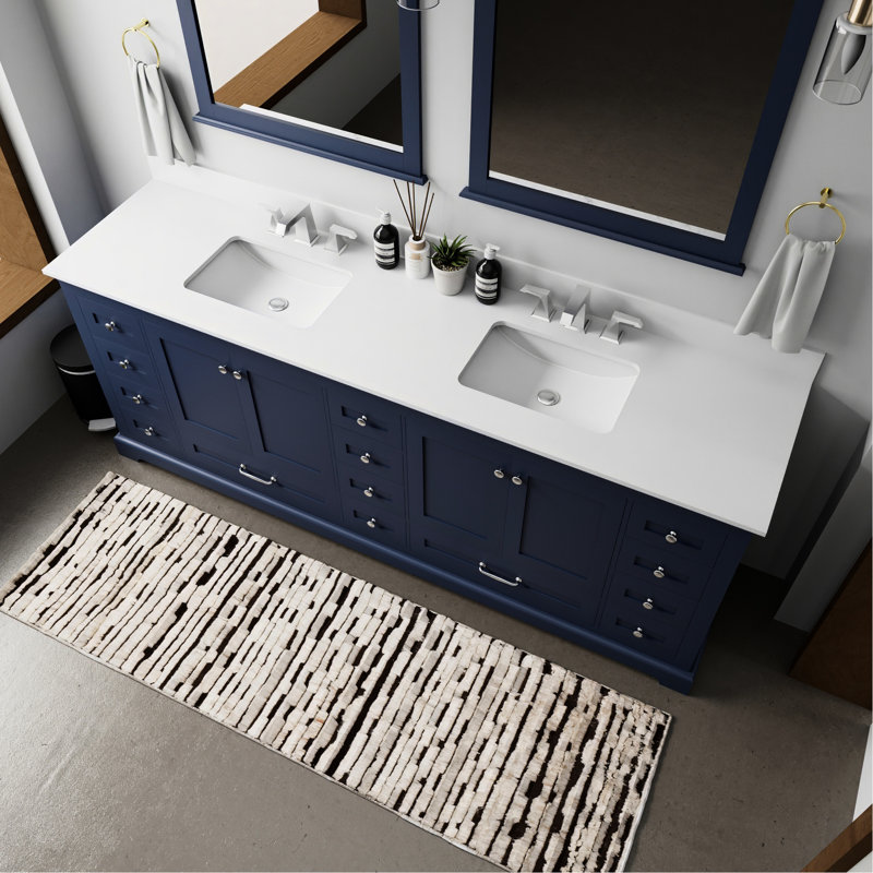 Bleu marine 84 po Meuble-lavabo double X 22 avec comptoir en quartz blanc et robinet - construction, teinture grattée, 14 tiroirs 2 armoires de rangement avec fermeture en douceur abondante