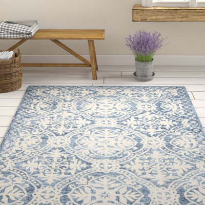 Salerna Micro-Loop Hand Tufted Wool/Cotton Damask Rug in Blue/Ivory