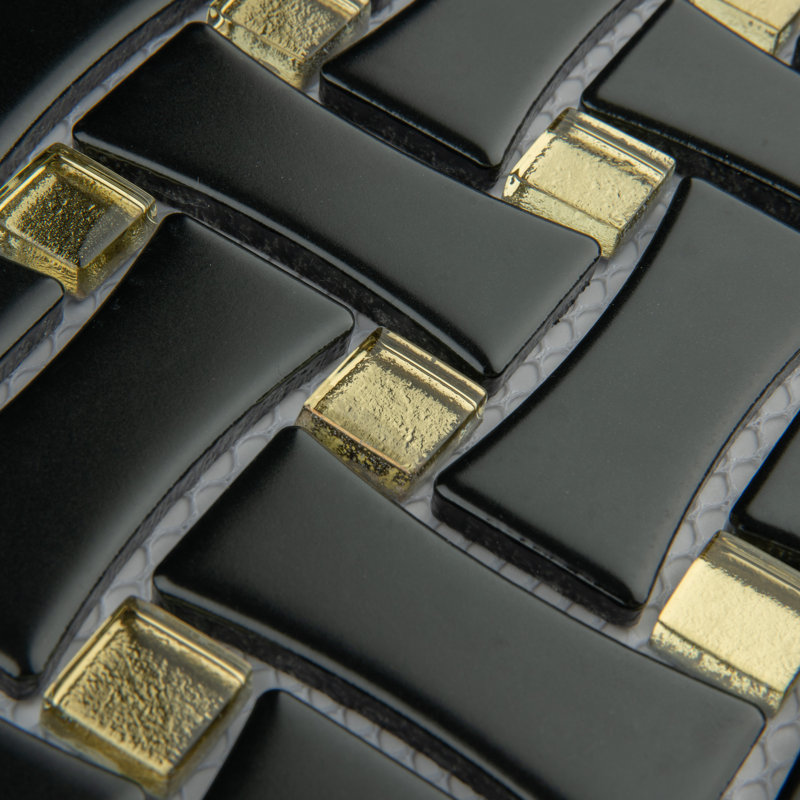 Metro Dog Bone Basketweave 0.92 In. X 2.26 In. Porcelain Basketweave Mosaic Wall Tile, Matte Black w/Glass Gold Dot