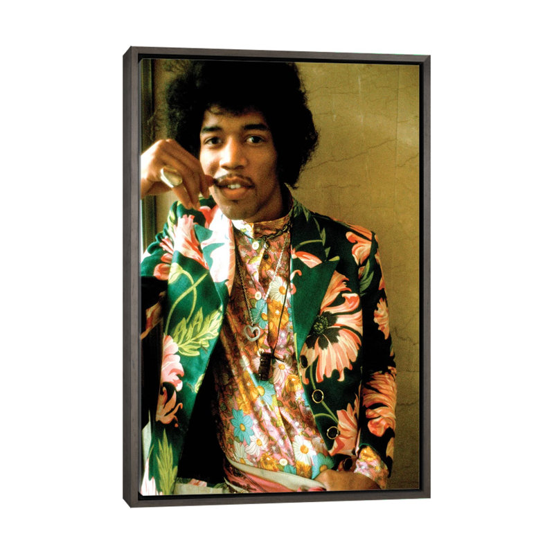 «Jimi Hendrix», reproduction de photo, Aucun mat, H 26 po x l 18 po x 1,5 po, Toile encadrée de bois rustique foncé