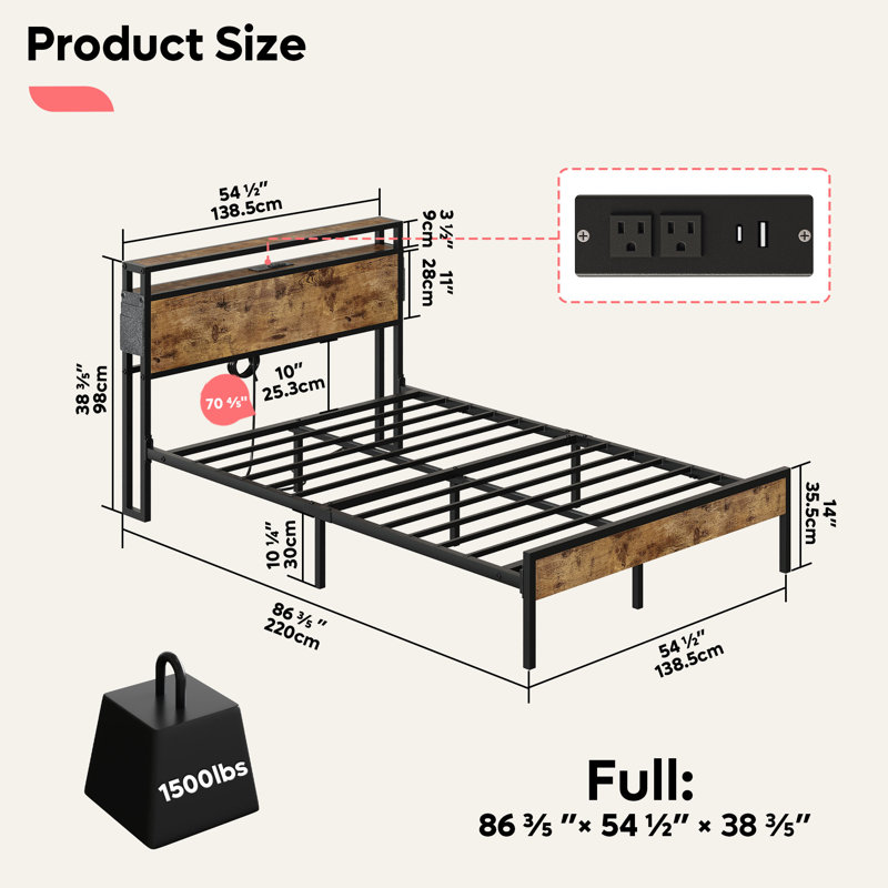 Full Size Metal Frame Bed with LED Storage Headboard