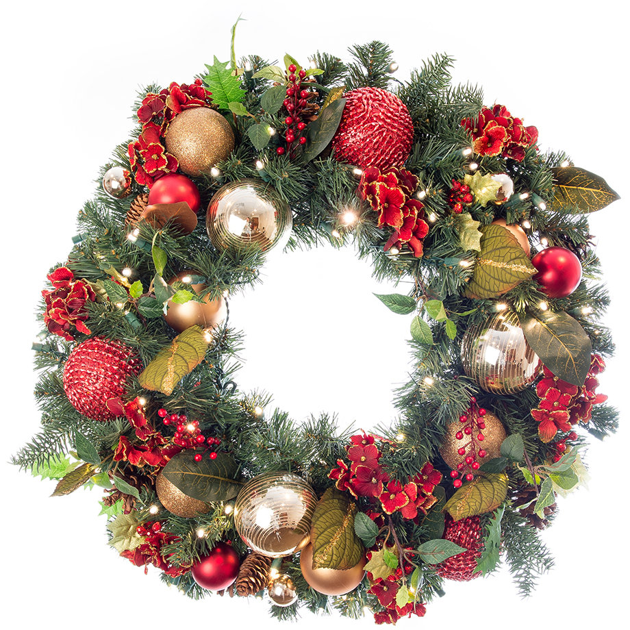 The Holiday Aisle® 30 in. Lighted Christmas Wreath - Scarlet Hydrangea & Reviews | Wayfair