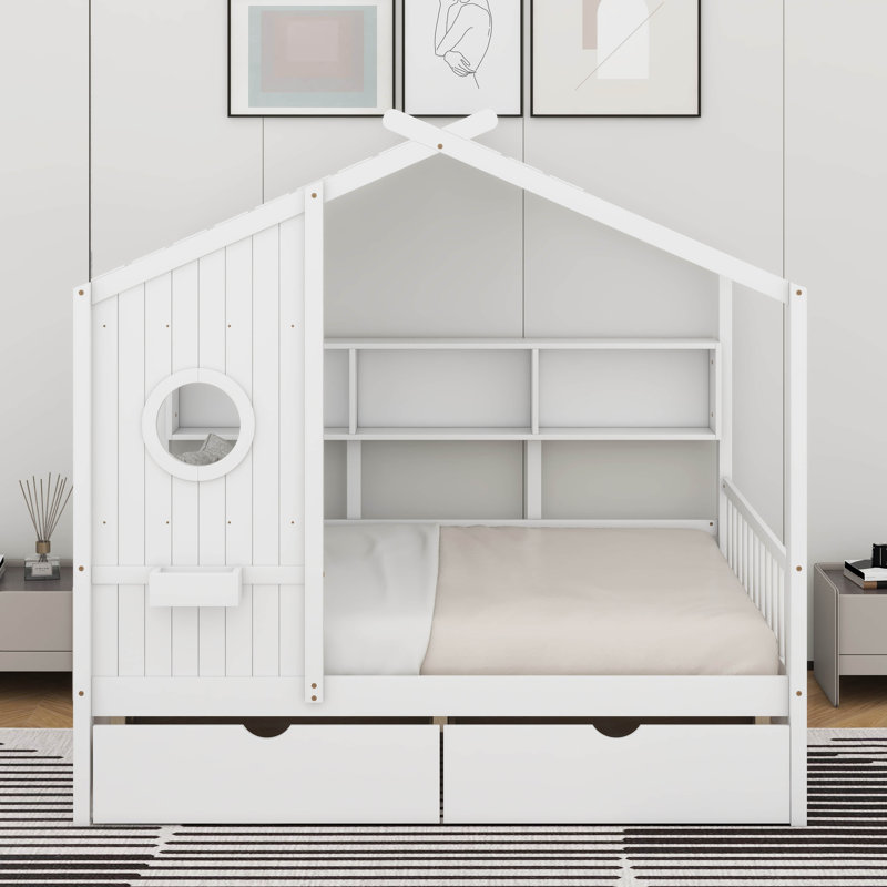 Lit double pleine grandeur avec tiroirs, Blanc