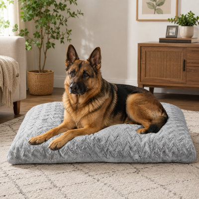 Grey 44x32 Inch XL plush crate mat for large dogs up to 85 lbs, designed as a soft, comfortable, washable kennel pad and deluxe pet sleeping mat.