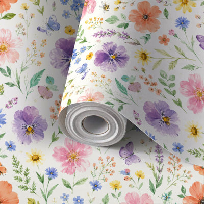 Papier peint auto-adhésif avec fleurs sauvages colorées auto-adhésif et amovible 17,7 po x 118 po (45 x 300 cm)