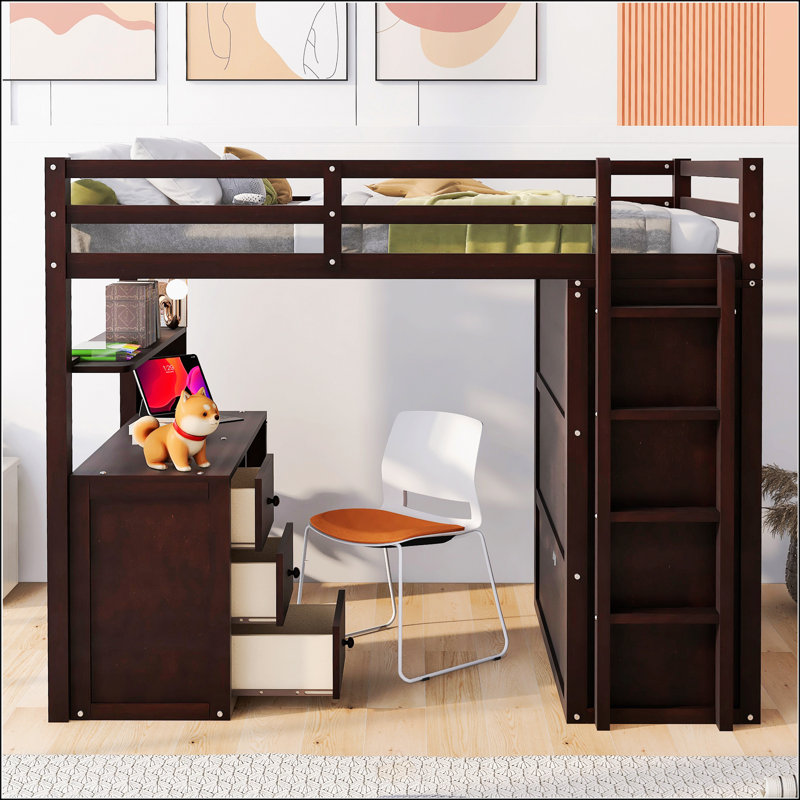 Lit mezzanine double avec tiroirs, Double, Espresso