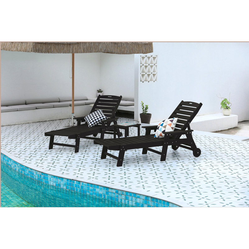 Lounge Chair with Side Table, 3-Piece Oversized Chaise Lounge Chair Set,All Weather Patio Lounge Chair with 5 Positions, Wheels & Cup Holder