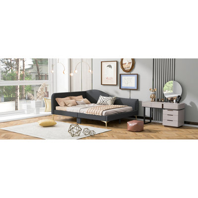 Lit de jour double en lin gris avec tête de lit, accoudoirs et ensemble de support solide - housse pour articles de chambre à coucher chic et pieds modernes de style moderne
