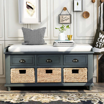 42" Wide Shoe Storage Bench with Cushion Entryway Bench with 3 Drawers and 3 Rattan Baskets
