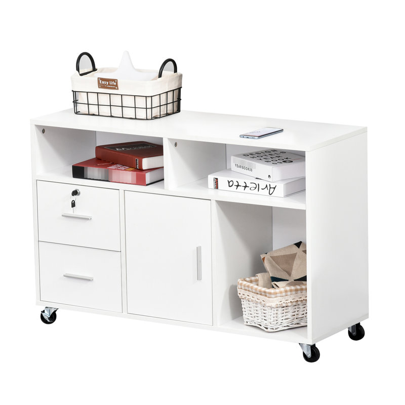 Printer Stand For Office Space - White Mobile Cabinet Organizer With Caster Wheels, 2 Locking Breaks, Drawer, And 3 Shelves Keeping Supplies Organized Wheels Featuring Organizing Magazines Pens