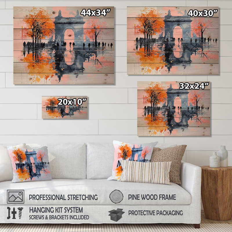 Abstrait Arc de Triomphe à Paris I - Art mural traditionnel sur bois de pin naturel, H 34 po x l 44 po