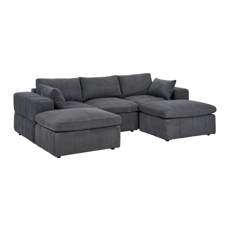 Large Arms Cordory Upholstered Modular Sectional with 2 Ottomans, Dark Gray Corduroy