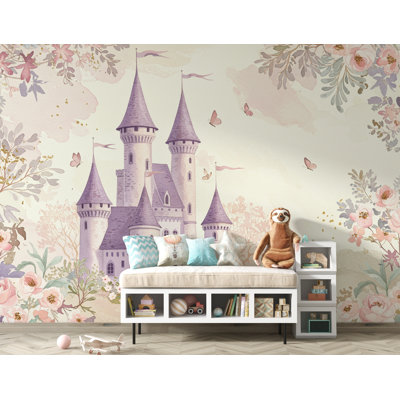 Luxury Fairytale Castle Wallpaper – Feminine Pastel Princess Wall Mural, Lavender Medieval Castle, Watercolor Floral Pattern