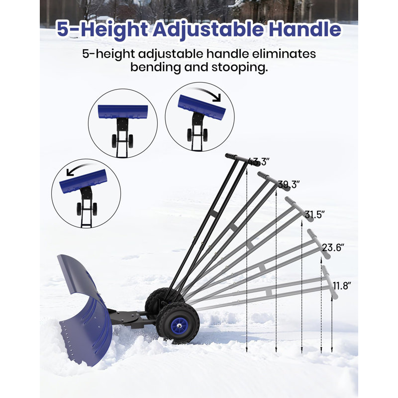 Wheeled Snow Pusher – Rolling Snow Shovel with Adjustable Handle & Non-Slip Tires, Steel Blade, Ergonomic Design for Driveways & Sidewalks