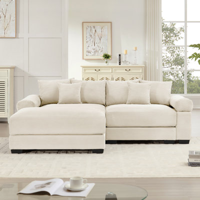 92" Oversized Cloud Modular L-Shape Sectional Couch,Soft Corduroy Fabric,With Chaise,Deep Seat Wide Armrests,Ergonomic Design,6 Throw Pillows,Easy Assembly,For Living Rooms,Lounges,Cream