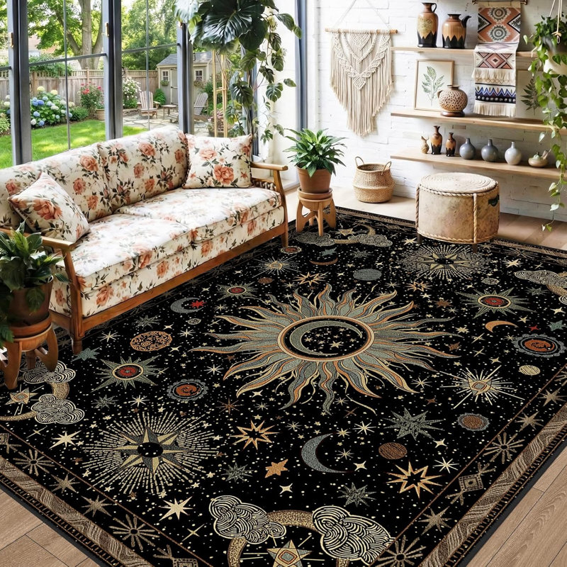 5X7 Area Rugs, Washable Vacuum-Friendly Non-Slip Rug Vintage Boho Sun And Moon Printed Pattern Low Pile Carpet For Living Room Bedroom Dining Room Hallway Entryway,Black Green Beige