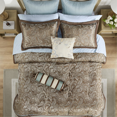 King 12 Piece Bedding With Cotton Sheets In Blue/brown Shade. Has Comforter, Shams, Pillows, Bed Skirt. Delicate Comforter , King. Blue/brown. With Glamorous
