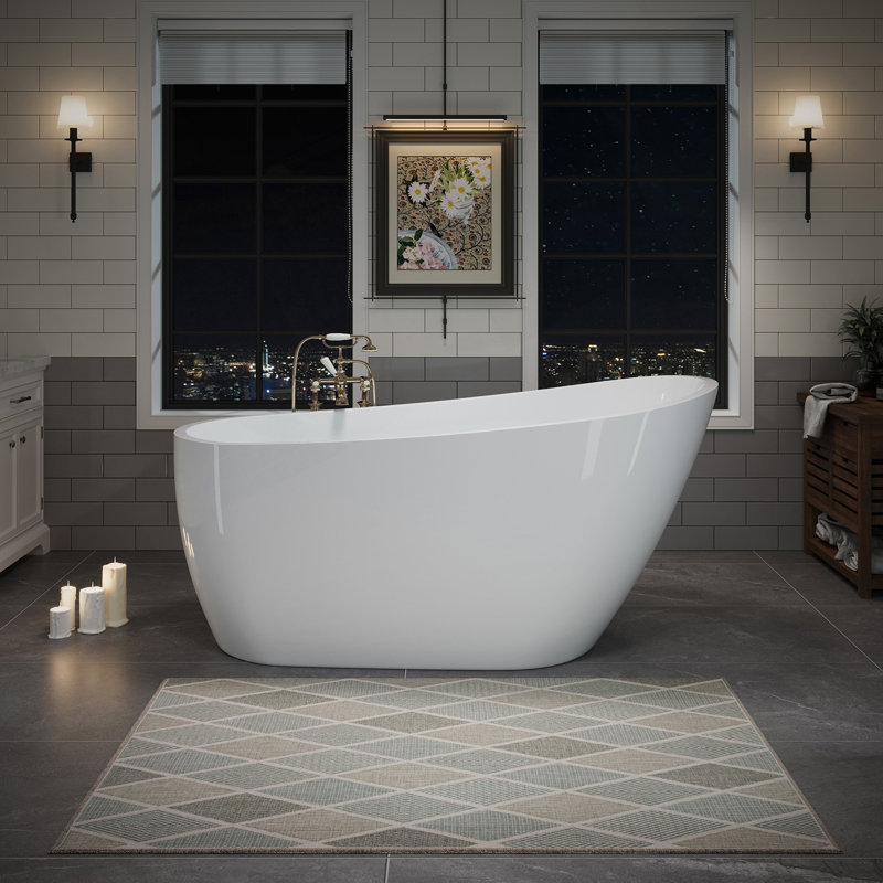 55" Acrylic Freestanding Bathtub, Stylish Deep Soaking Bathtub With Pop-Up Drain & Integrated Overflow, Contemporary Stand Alone Bath Tub For Bathroom Spa Or Home Upgrade, Glossy White