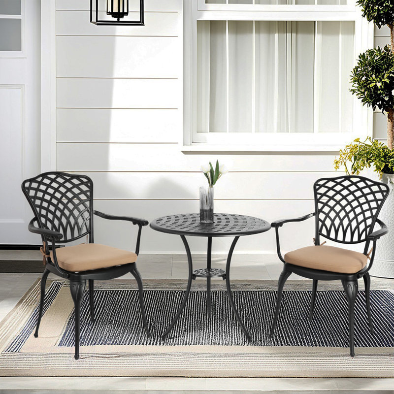 3 Piece Cast Aluminum Patio Bistro Set With Umbrella Hole And Weather-Resistant Cushions, Ideal For Outdoor Garden Use, Black