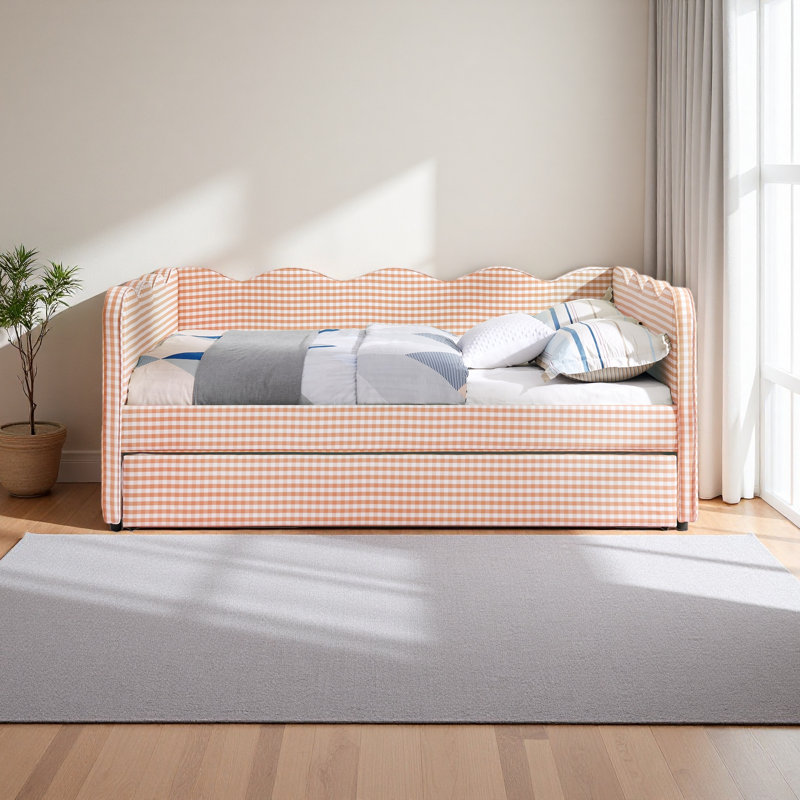 Lit de jour en vichy double avec couchette simple sans sommier, avec port USB et adorable forme de vague, Rose