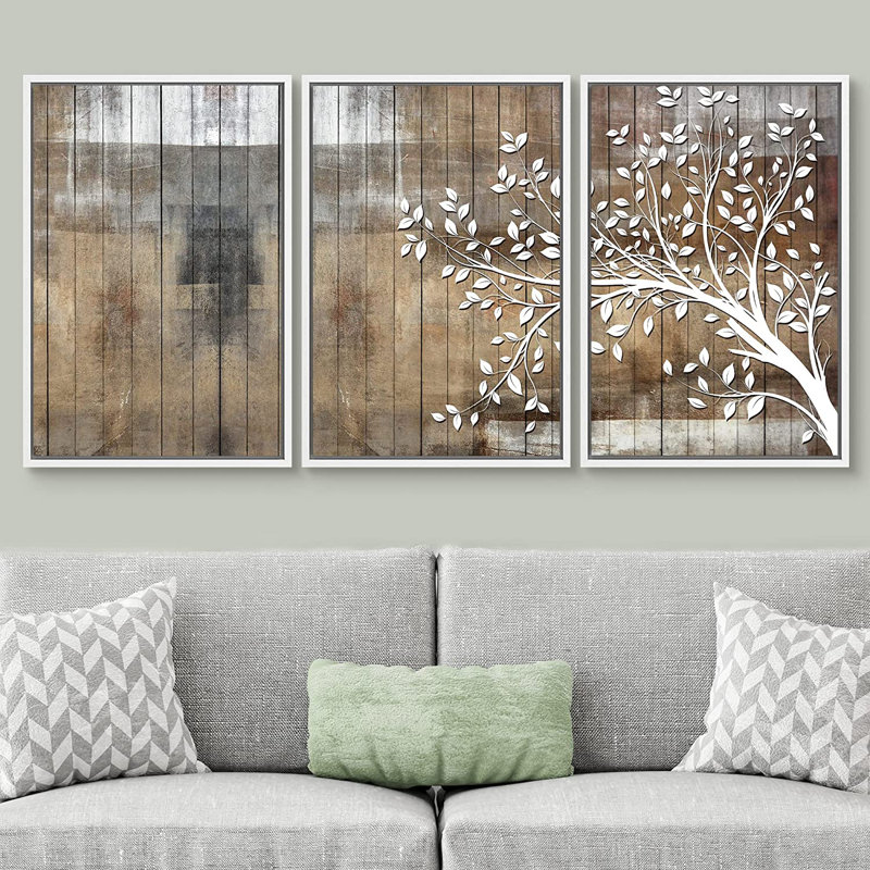 «White Tree Silhouette and Color Blocks», reproduction sur toile flottante 3 pièces, H 36 po x l 72 po , Blanc