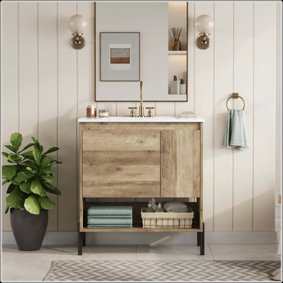 30-Inch Modern Wood Bathroom Vanity with Sliding Drawer, Ceramic Basin Sink, and Open Shelf for Efficient Storage