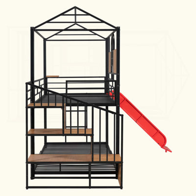 Lit superposé en métal, lit de maison en métal avec glissière et escalier de rangement