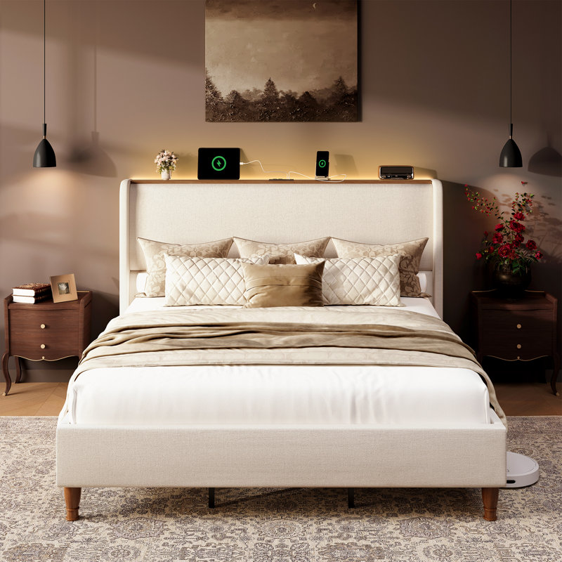 Linen Upholstered Platform Bed Frame With Led Lights And Charging Station, Tall Wingback Headboard And Storage Shelf, Queen