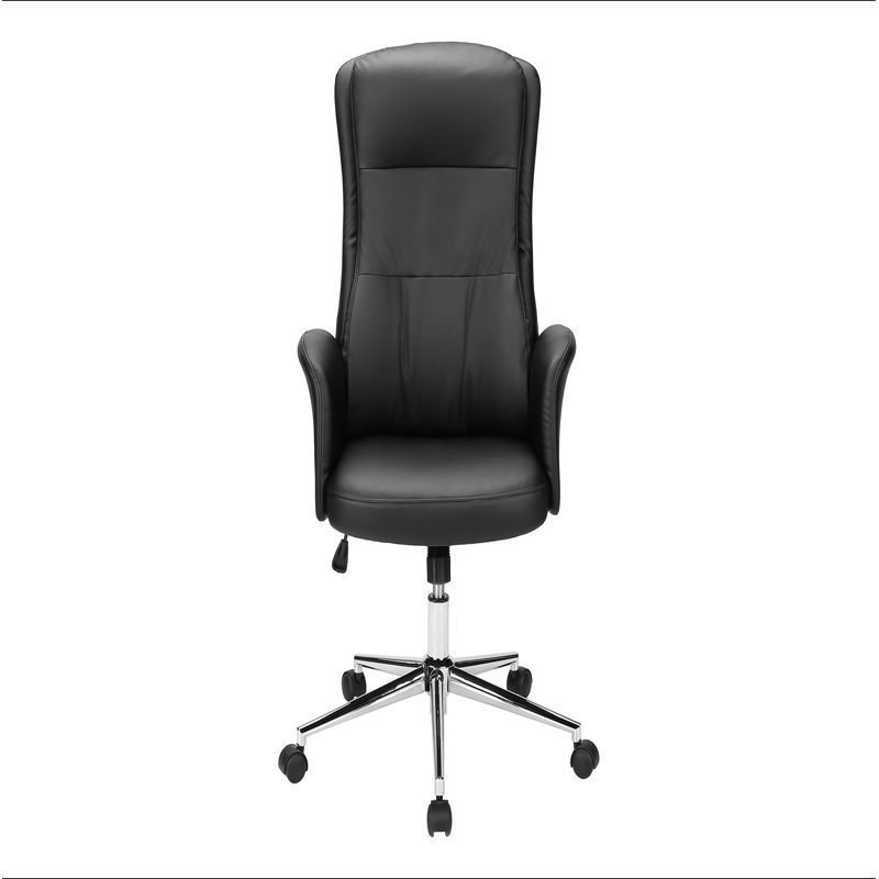 Chaise de bureau, pivotante, hauteur réglable, accoudoirs, ergonomique, travail, aspect cuir noir, métal chromé, contemporaine, moderne