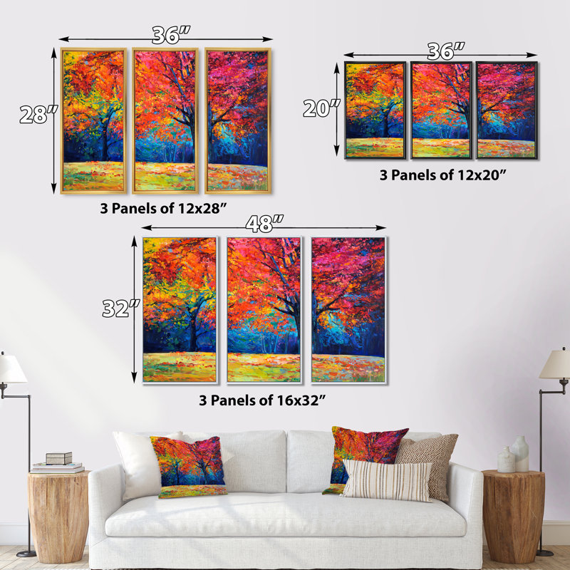 «Vibrant Red Tree In Autumn Landscape», peinture sur toile 3 pièces, H 28 po x l 36 po, Noir, noir, noir, noir