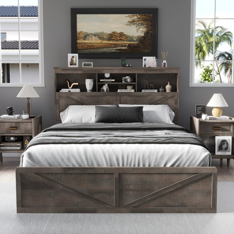 Farmhouse Queen Size Bed Frame With Led Light And Charging Station ,Wooden Bed Frame With 52" High Storage Bookcase Headboard, Wooden Slats And 4 Drawers