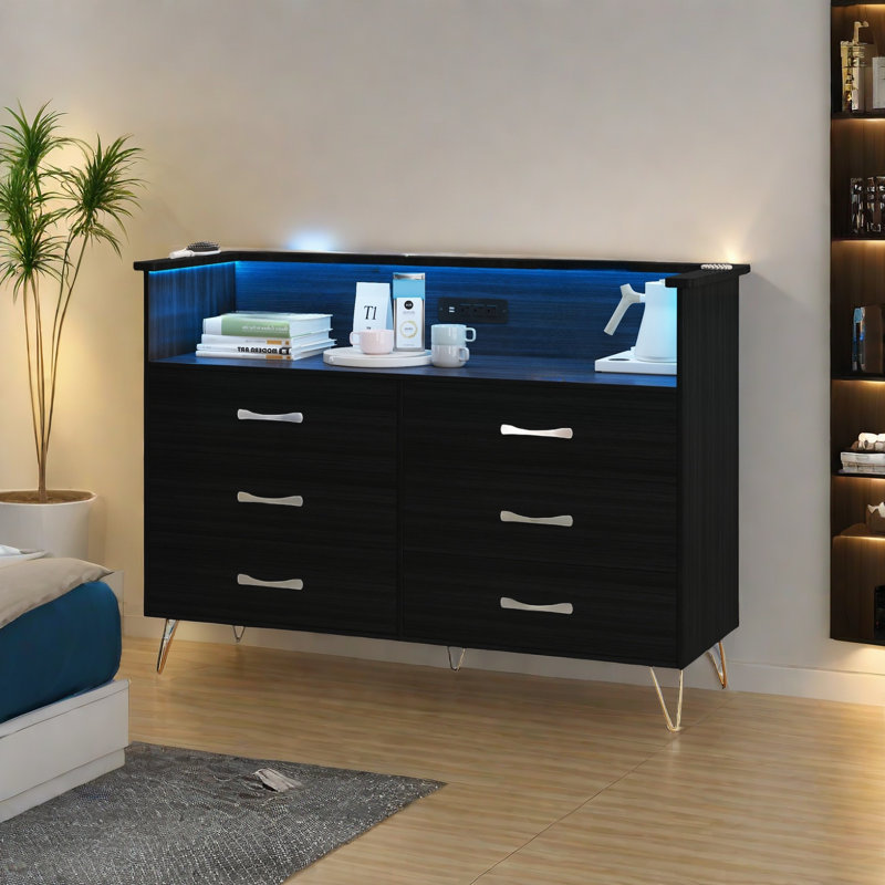 Commode 6 tiroirs avec prise de courant et lumière DEL, commode double large, Noir, noir, noir, noir