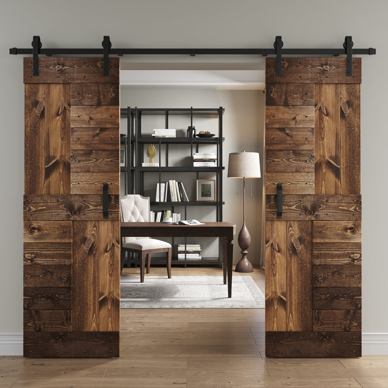 Porte de grange à panneaux et en bois avec quincaillerie d'installation, 48 po x 84 po, Noyer foncé