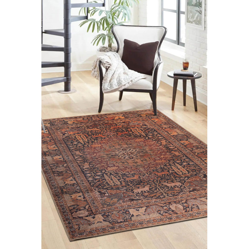 Tapis brun à motif tissé rétro, Rectangle 4 pi 8 po x 6 pi 3 po