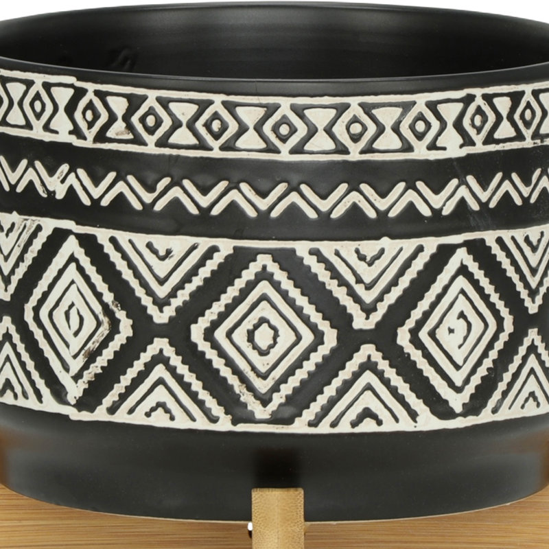 St. Charles Ceramic Planter with Wooden Stand - Modern Decorative Pot for Indoor Plants, Black, Swirl