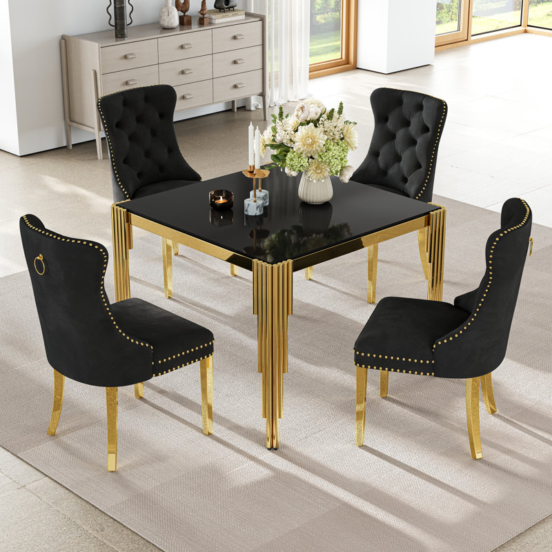 37”Modern Square Glass Dining Table With Stainless Steel Legs For Home Office, Kitchen, Living Room, Black, Gold