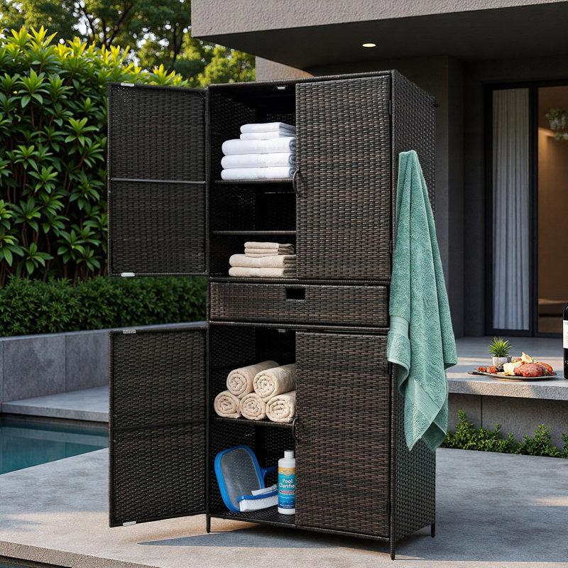 Grande armoire de rangement extérieure en osier avec un grand tiroir, des tablettes réglables et des pieds de support réglables en hauteur