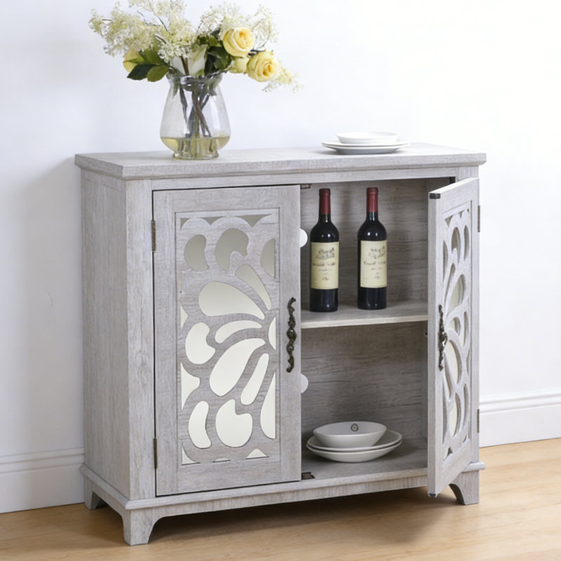 Gray Elegant Sideboard With 2 Acrylic Mirrored Doors - Hollow-carved Accent Cabinet & Buffet With Storage And Adjustable Shelves For Living Room & Kitchen