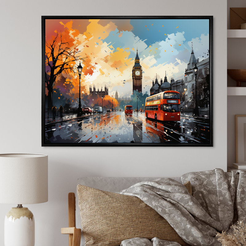 Marel " Red Beige City London Popart III ", Black Floater Framed, 24" H x 32" W x 1" D