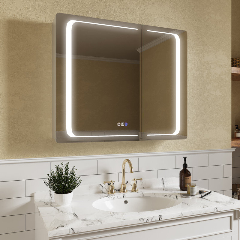 Armoire à pharmacie encastrée ou à fixation en surface sans miroir avec miroir et 3 tablettes réglables Jayliz, USB, prise de courant, à intensité variable