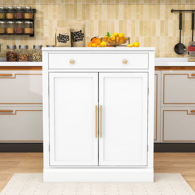 Chic Freestanding Storage Cabinet with Drawer, Adjustable Shelves and Faux Marble Top