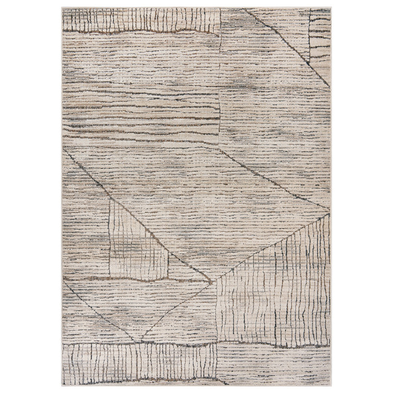 Abstract Block Linen Cream Indoor High-Low Area Rug, Rectangle 5' x 7'